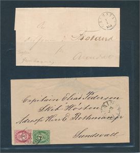 Portofritt brev stemplet "GRIMSTAD 3-3-1870" og annet brev med Nk 16 og 18 til Sverige stemplet "GRIMSTAD 27-5-1876"