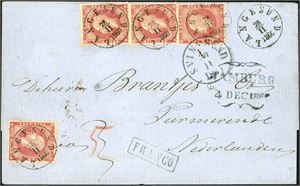 5. 32 skillings porto til Holland. Fire 8 skilling Oscar på brevomslag til Purmerende, stemplet "Langesund 28.11.1860". Ved siden stemplet "Svinesund 30.11.1860". Baksiden med "KDOPA Hamburg" samt ankomststempel.