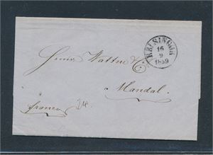 Frimerkeløst brev til Mandal stemplet "HELSINGØR 16-9-1859"