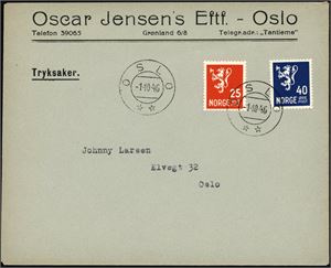 354,356. 25 øre- og 40 øre Løve på konvolutt, stemplet "Oslo 1.10.46". Konvolutten med en "bulk". (2.700,-).