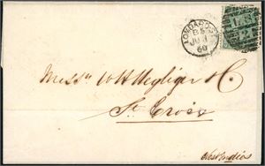 DWI. 1/- green on cover, cancelled "Lombard St. B5 Ju 1 68" and sent to St. Croix, West indies. Some holes around "Croic" because the ink.
