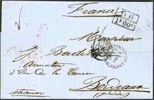 A complete letter St. Thomas 30. December 1864 to Bordeaux. On front "GB 1F 60c" postmark together with the rare "Southampton packet-Letter Ja 13 1865". On reverse "London CT Ja 14" and "Bordeaux. Postage number "16" (Decimes" on front.