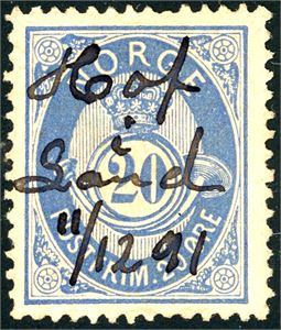 54 III. 20 øre 20 mm, anert med håndskrevet "Hof i Sand 11/12 91".