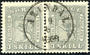 7. 3 skill i horisontalt par, fullstemplet "Arendal 19.6.1868".