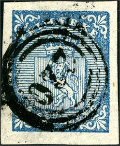 1. 4 skilling våpen 1855, anert med nummerstempel "220" (Næs i Romerike, AK, 6 pkt). Gode marger. Attest Enger.