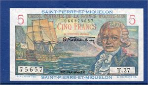 SAINT-PIERRE-ET-MIQUELON 5 Francs 1947, fräsch ovikt sedel