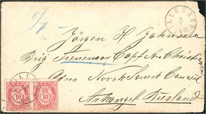 37 II. 20 øres porto til Russland. 10 øre 1883 i horisontalt part på konvolutt til Arkhangel, stemplet "Lillesand 9.7.1883". Tre ulike russiske stempler på baksiden. Konvolutten med en mindre feil i øvre høyre hjørne.