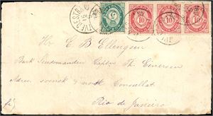 42,43. 35 øres porto til Brasil. 5 øre- og tre 10 øre 21 mm på konvolutt til Rio de Janeiro, stemplet "Tvedestrand 16.9.1884".