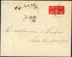 T 25. 20 øre Offentlig Sak på konvolutt, anert med KPH "Åbål" (AA, 8 pkt).