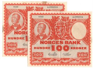 100 kroner 1949 A. i serie. Kv.1+/01