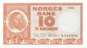 10 kroner 1966 X.0445986 erstatningsseddel. Kv.0/01