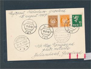 LUFTPOST 2 og 3øre posthorn og 10øre løve på kort stemplet "OSLO 16-8-49" til Julianehaab, Grønland. Påskrevet "København-Grønland 18. august 1949"