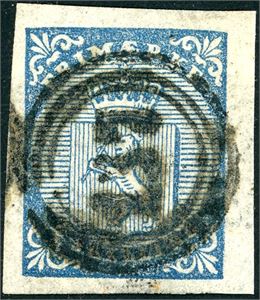 1. 4 skilling våpen 1855, anert med nummerstempel "137" (Ibestad, TR, 6 pkt). Gode marger.