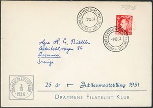396. 30 øre Haakon i rød farge på konvolutt, stemplet "Drammens filatelistklubs utstilling 1951 1.10.51". (1.600,-).
