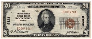 20 dollar Swedish-American National Bank of Rockford. Kv.1