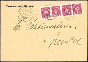 T 1. Fire 5 øre Tjenestemerke på konvolutt, anert med hjelpestempel "Gjerstad 4.11.33" (AA).