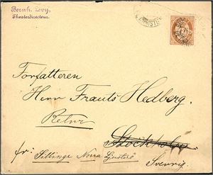 45 II. 12 øre orangebrun på konvolutt til Stocholm, stemplet "Bureau de Reexp. De Christiania 16.7.1884". Ved ankomst er konvolutten påskrevet "Retur", men likevel vidresendt til "Skillinge in Norra Ljersterø, Sverige". Baksiden med et svensk jernbanestempel samt to avtrykk "Stockholm. Konvolutten er noe hardt åpnet i øvre kant, men dette berører ikke merket.