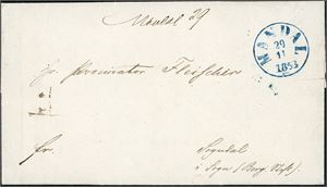 Komplett, betalt brev, påskrevet "Mandal 29" samt stemplet "Mandal 29.11.1853" og sendt til Sogndal i Sogn. Transittstempel "Christiania" på baksiden.