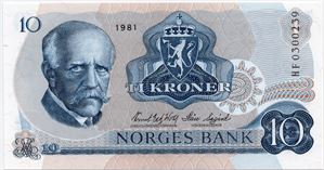 10 kroner 1981 HF erstatningsseddel. Kv.0