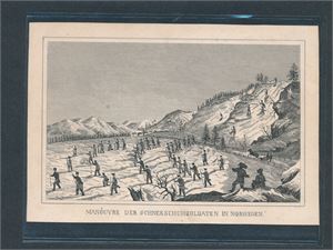 SORTTRYKK MANÖUVRE DER SCHNEESCHUNSOLDATEN IN NORWEGEN. Antagelig tidlig 1900-tallet. GI BUD!