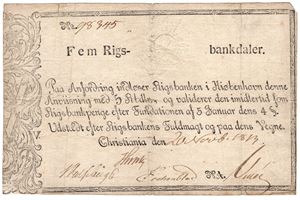 5 Rigsbankdaler Christiania 20. November 1813. Kv.1
