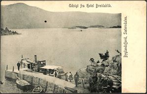 Udsigt fra Hotel Breidablik. Byglandsfjord, Sæterdalen. Brukt i 1910.