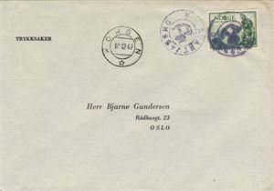 Kronet Posthorn SVARTVASSMO (Nordland (5 pkt i NK Postal III). Noe harde fiolette avtrykk på trykksakbrev frankert med NK 360, sidestemplet KORGEN TA 10-12-47 (3 pkt).