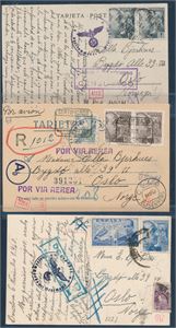 SPANIA, 3 kort fra Spania til Norge i 1940. Masse sensurstempler. Disse ser artige ut