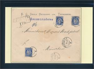 Nk 79 x3 på dobbeltvektig rekbrev stemplet "TRONDHJEM 2 I 06" til München, Tyskland. Oppgitt: Kun denne kjent fra 1906. NK Postal II har notert denne år 1900.