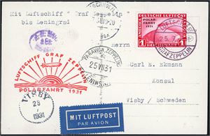 Two german postcards: One franked with on 1 Mk Polar-fahrt 1931 and sent to Sweden, and the other with a 2Mk Polar-fahrt 1931 and sent to Germany. Both cancelled "Luftschiff Graf Zeppelin 25.7.1931".
