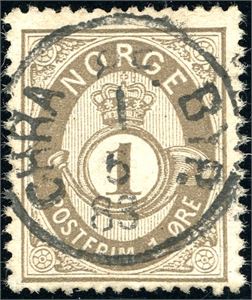 22. 1 øre skravert Posthorn, rettvendt fullstemplet "Chra. 8 E byp. 1.5.85".