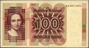 100 kroner 1977, serie QL 0017006. Erstatningsseddel. 0