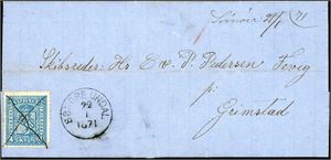 14. 4 skill 4 på brev, anert med blekkryss og ved siden håndskrevet "Svinøir 21/1 71" og ved siden stemplet "Søndre Undal 22.1.1871".