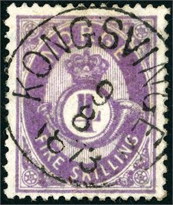 19 Ia. 4 skilling Posthorn i fin mørk nyanse på tynt papir, fullstemplet "Kongsvinger 9.8.1873".