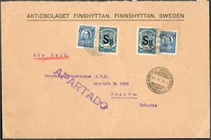 SCADTA LA 678,Columbia 298. Envelope from the company Finnshyttan, Sweden franked with two 30 c SCADTA with overprint "SU" (Sweden) together with two 4 c Colombia 1926, cancelled "Serwicio de Transportes Aereos Barranquilla 21.6.19 29" and sent as Airmail to Bogota, Colombia. "Servicio Transportes Aereos Bogota 24.6.1929" cds at reverse.