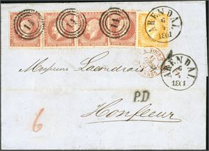 2,5. 34 skillings porto til Frankrike. 2 skilling- og fire 8 skilling Oscar på brevomslag til Honfleur, stemplet "Arendal 6.4.1861" samt fransk transittstempel i rødt. Baksiden med bl.a. "Hamburg Th&T 8.4".