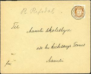 97. 2 øre Posthorn på lokalbrev, annullert med 4-rings "832" og sendt til Aamli. En påtegning fra de som fjernet innholdet på baksiden "Åmli 26/1-1917".
