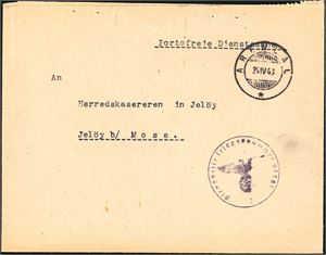 "Portofreie Dienstsache" med hjelpestempel  "Arendal 24.4.43" samt tysk Feldpoststempel.