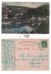 TVEDESTRAND (N. K. 930). Fargekort brukt 1909 med hilsen foran