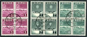 333/38. Londonmerkene, komplett i 4-blokker, alle stemplet "Kirkenes 30.4.40". Ex Postmesteren i Kirkenes.