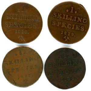 Fire stk 1 skilling Species. Hhv. 1816, 1819, 1823 og 1832. VK