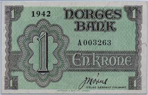 1 krone 1942 A.003263 London Utg. Kv.01