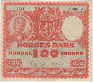 100 kroner 1958 Z.0366053. Erstatningssedddel. Kv.1