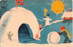 SPANGE. Gutt ruller snøball. Stpl 1933(34?). (Norsk Julekort 214). Kv. 2