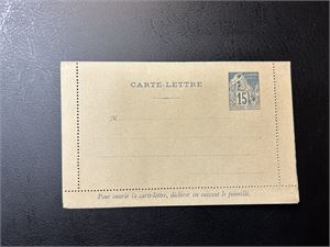 FRANSKE KOLONIER FELLESUTGAVE 15c kortbrev med overtrykk "specimen"