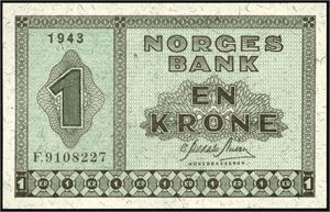 Tre 1 krone 1944, serie F. Nr 9108227/9. 00000