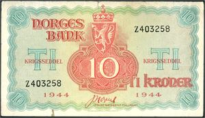 10 kroner London, serie Z 403258. Bl.a. en 8 mm rift på midten oppe, som går 2 mm inn i bildet og et ørlite hakk i venstre side. 1-