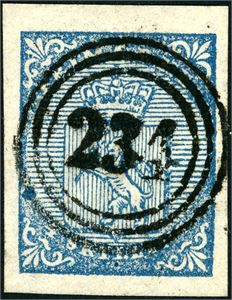 1. 4 skilling våpen 1855, anert med nummerstempel "234"" (Rakkestad, ØF, 7 pkt). Gode marger. Attest Enger