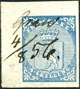 1. 4 skilling Våpen 1855. Vakkert hjørneeksemplar, annullert med håndskrevet "Gran 4/8 56". Et av de aller vakreste NK 1 med håndskrevet navn. Attest FCM.
