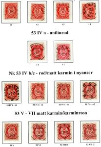 53. 10 øre 20 mm. 38 merker på 3 albumark, montert etter plater og typer. Jevnt over god kvalitet.